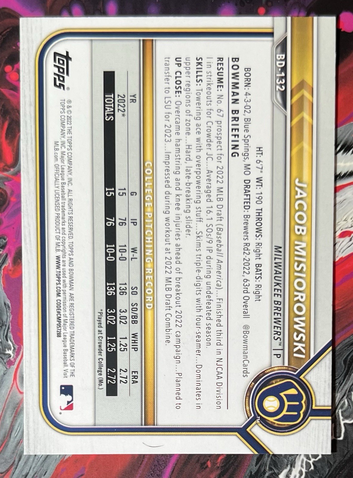 2022 Bowman Draft Jacob Misiorowski 1st Paper Prospect Milwaukee Brewers #BD-132