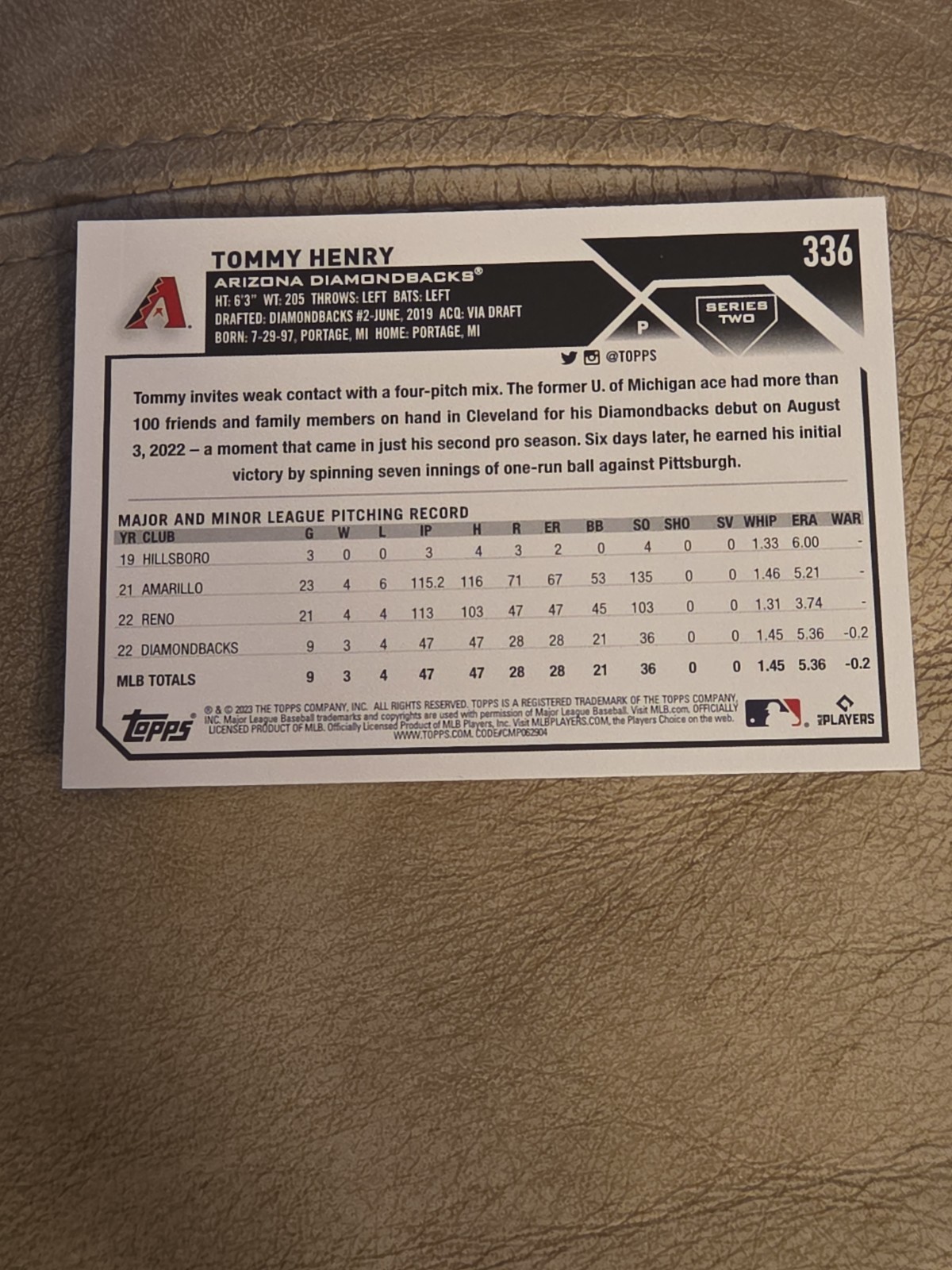 2023 Topps #336 Tommy Henry RC Arizona Diamondbacks