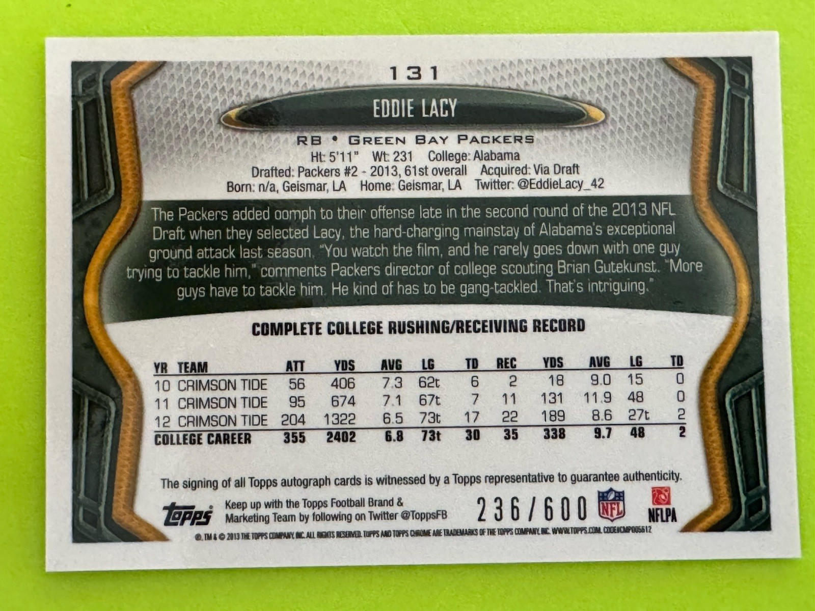 Eddie Lacy 2013 Topps Chrome #131 Rc Rookie Auto Autograph