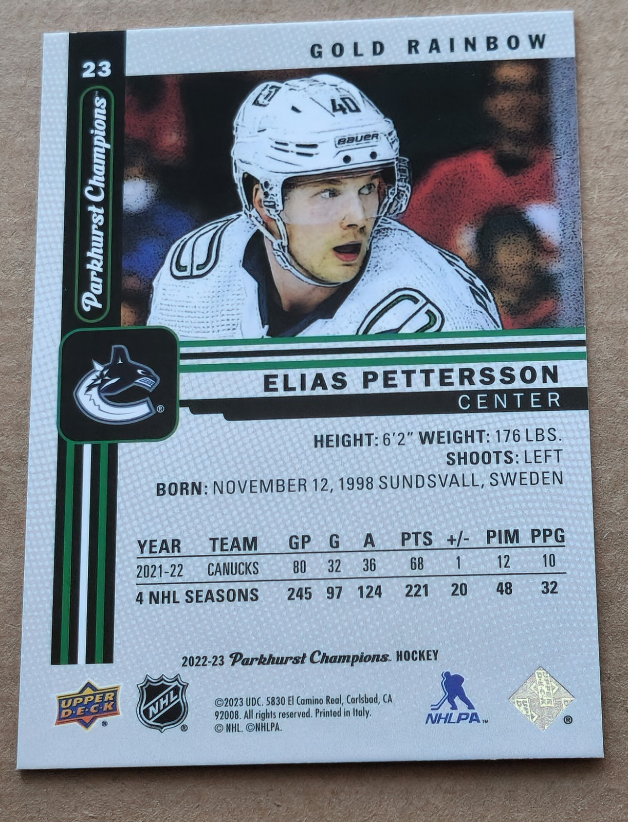 2022-23 Parkhurst Champions Gold Rainbow Elias Pettersson #23 Vancouver Canucks