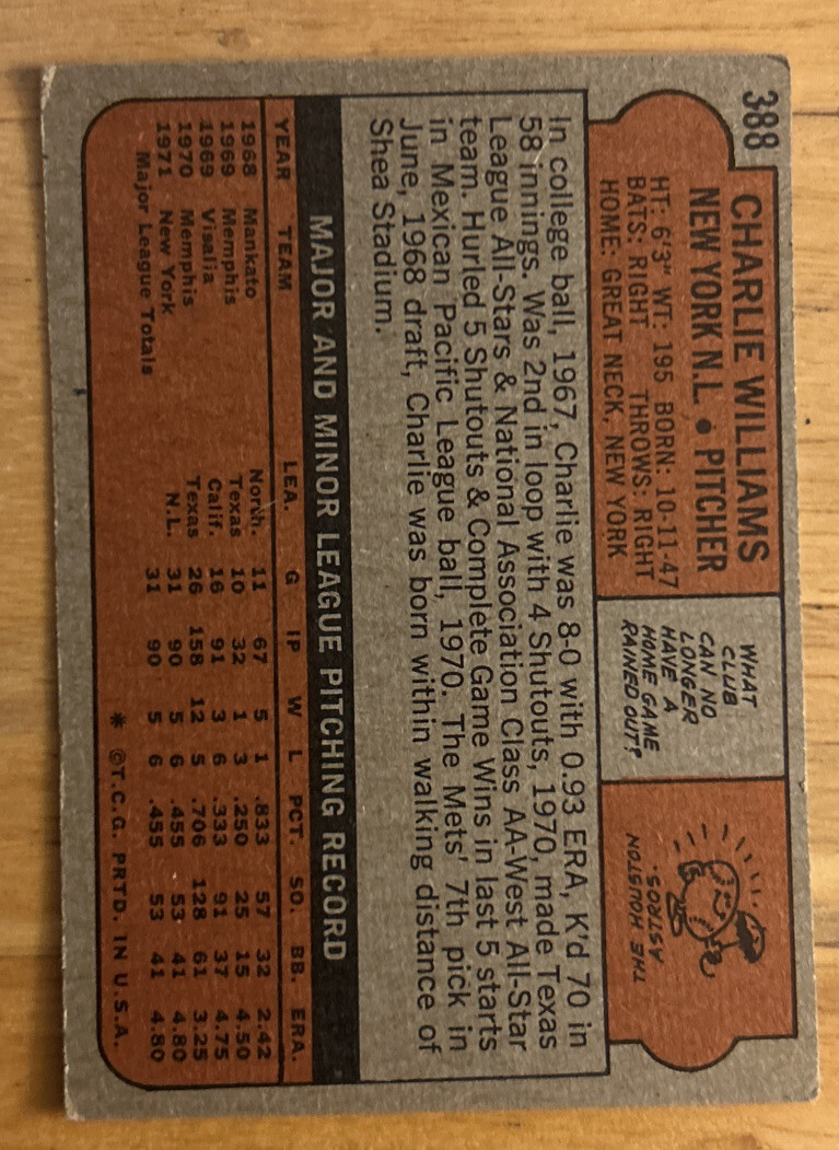 1972 Topps Charlie Williams Baseball Card Rookie (RC) #388 Mets Pitcher VG
