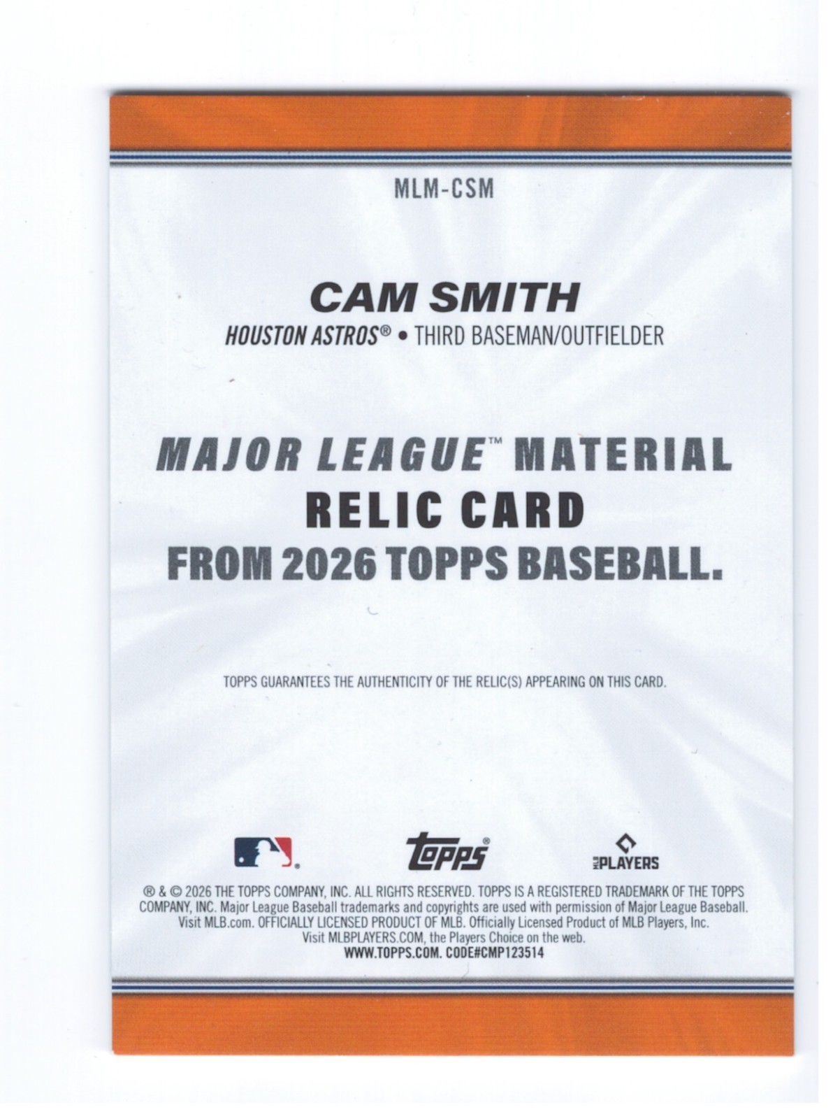 2026 Topps Relic Cam Smith Game Worn Astros FREE SHIPPING!!