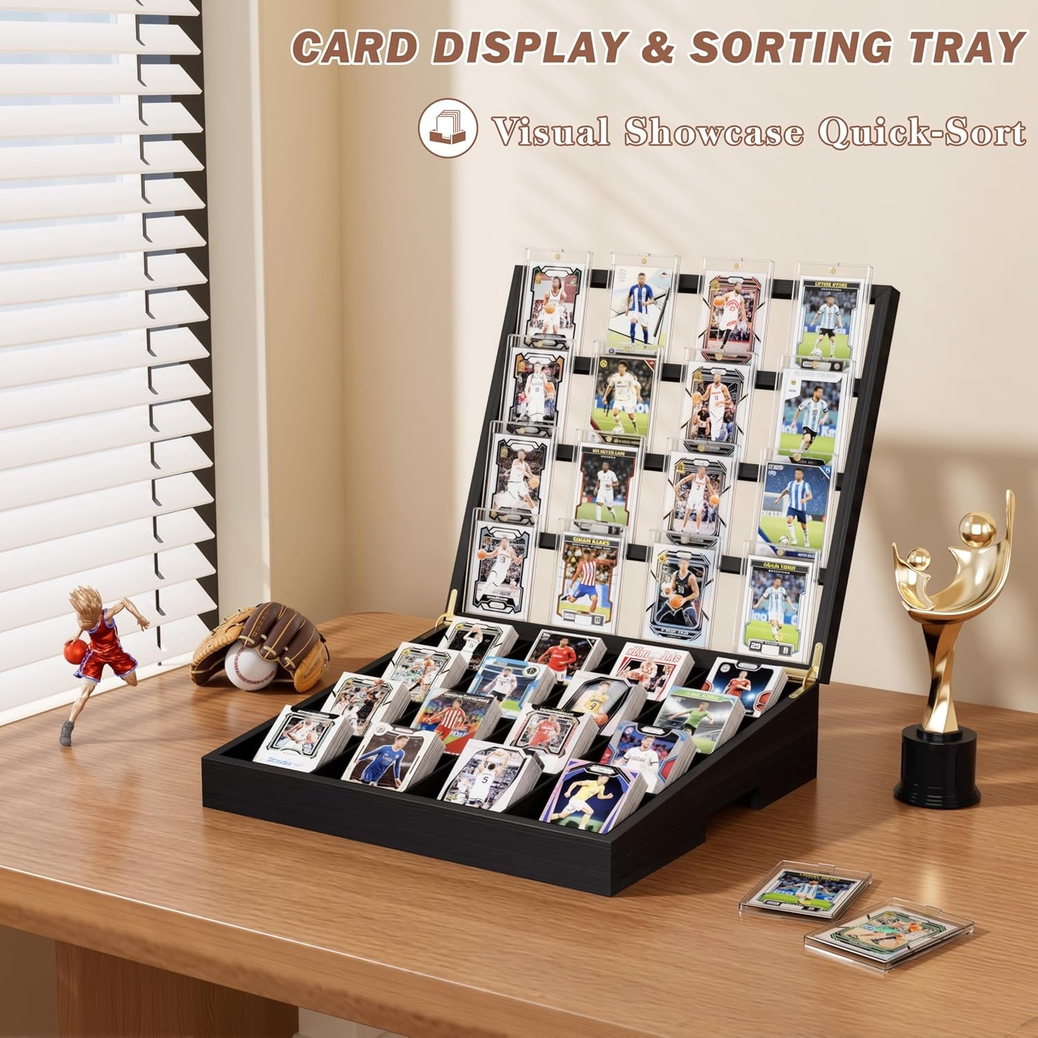 Wooden Card Sorting Tray 16 Compartment Trading Card Organizer Display