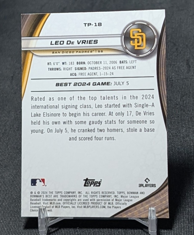 Leo De Vries Prospect Rookie RC 2024 Bowman’s Best Chrome Card #TP-18 Athletics