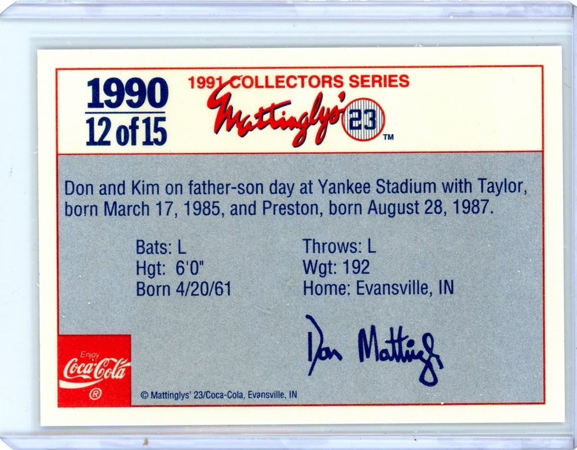 Don Mattingly 1991 Coca Cola Mattingly’s 23 Card #12 (1990) in Top Loader