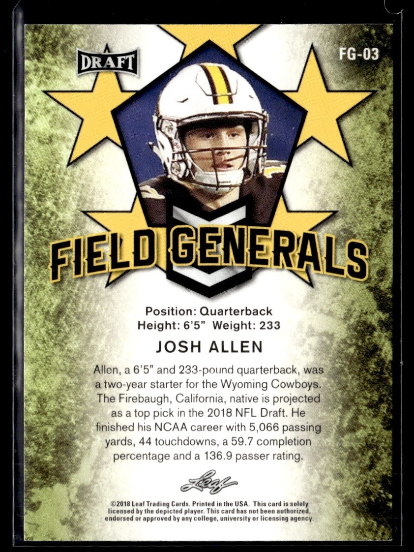 2018 Leaf Draft Field Generals Josh Allen RC Wyoming Cowboys #FG-03