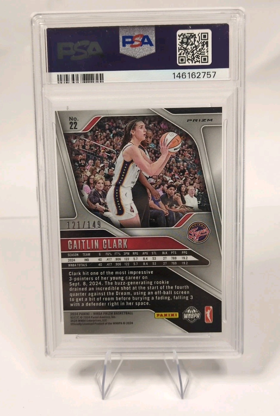 Caitlin Clark 2024 WNBA Panini Prizm Purple Prizm 121/149 Rookie RC PSA 7 #22