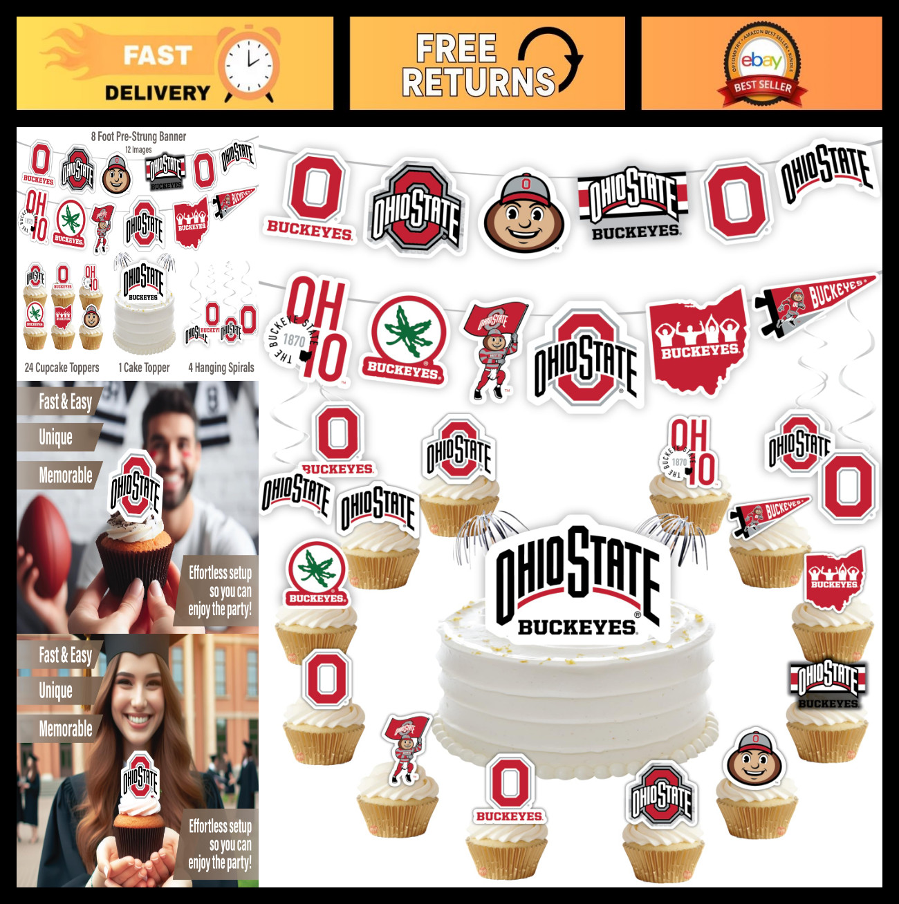 Ohio State Party Decor Set – 42 Pc Banner & Cupcake Toppers for Graduation & Foo