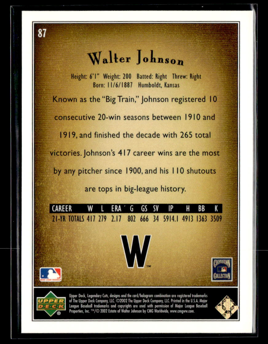 2002 SP Legendary Cuts #87 Walter Johnson Card Washington Senators