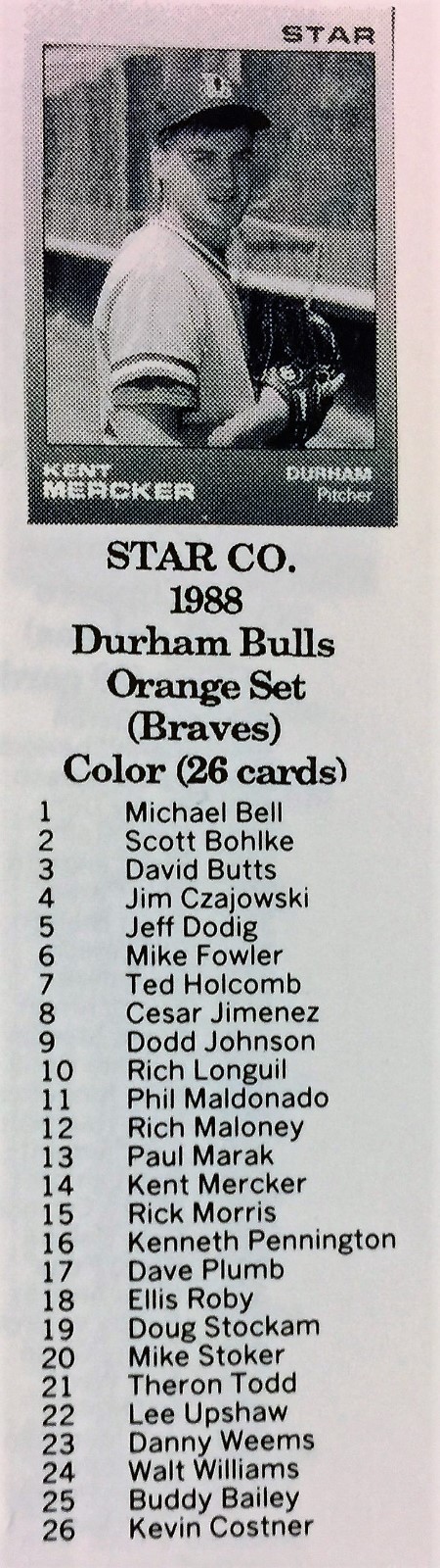 1988 Star Company Durham Bulls Minor League #26 KEVIN COSTNER Card K11023126