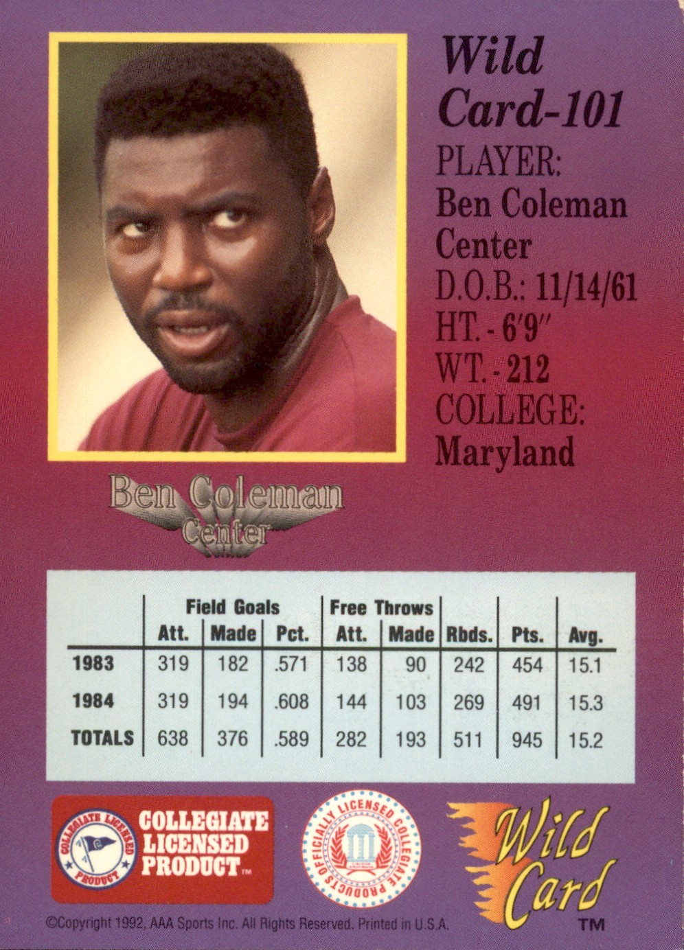 1991-92 Wild Card Ben Coleman #101 AAA Sports 1st Edition