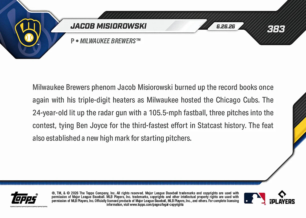 2026 Topps Now Jacob Misiorowski 105.5 MPH Heater #383 Brewers PRE-SALE