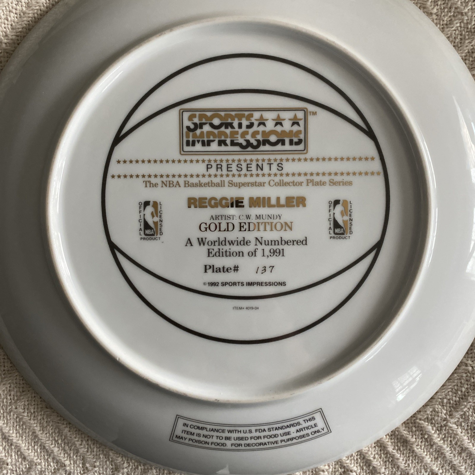 Reggie Miller sports plate, Gold Edition, Sports Impressions 10.5 Inch Plate