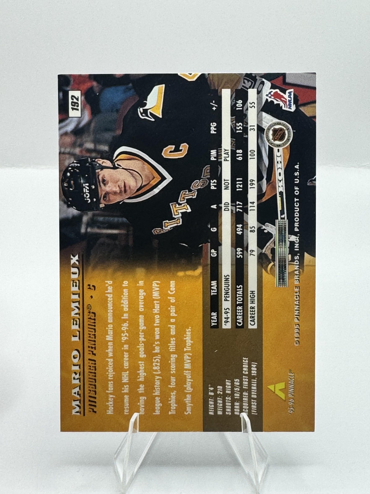 1995-96 Pinnacle #192 Mario Lemieux 2311 MLB Pittsburgh Penguins