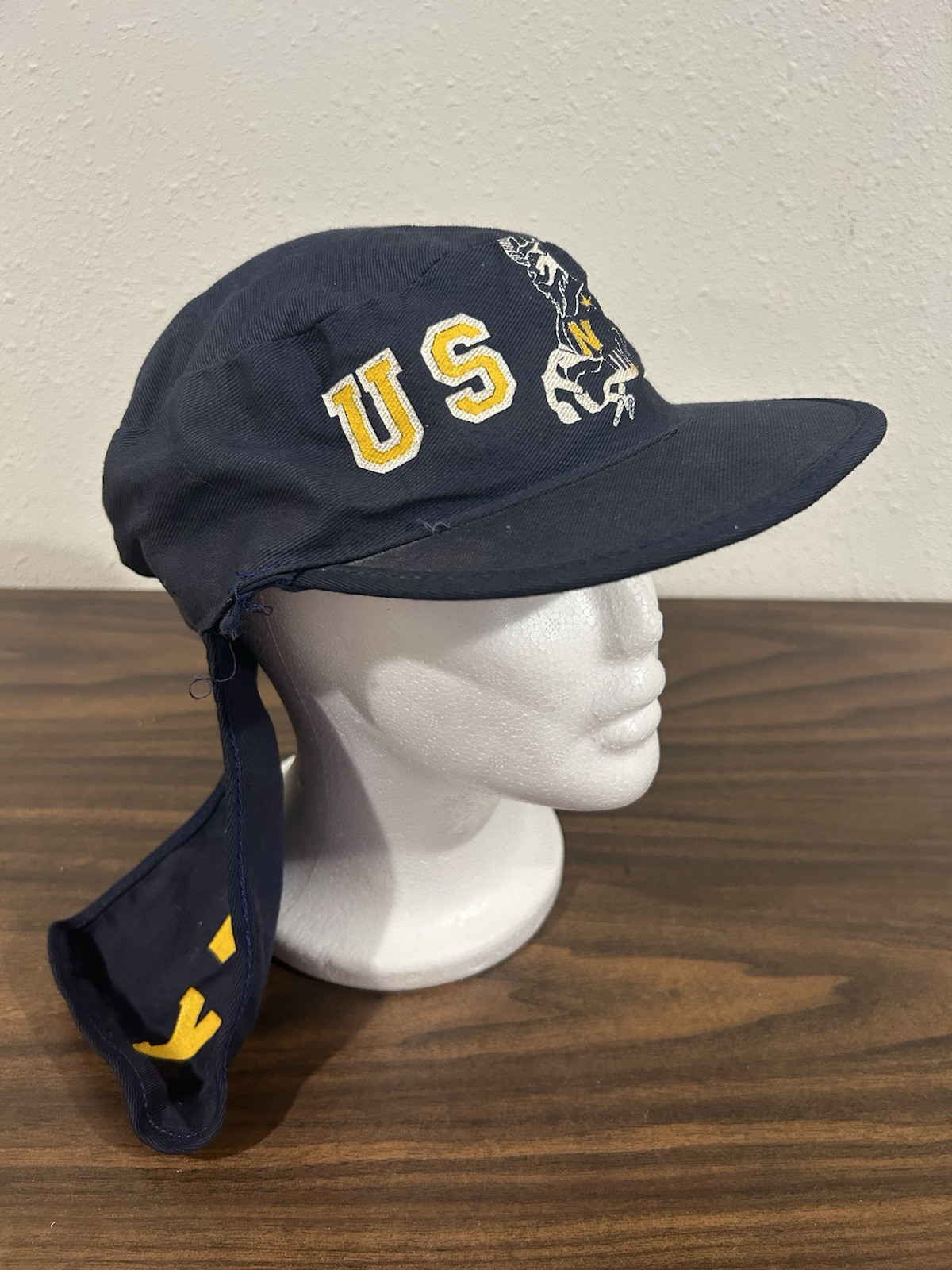 Vintage USNA US Naval Academy “Go Navy” Painters Hat Cap Neck Flap Goat Mascot