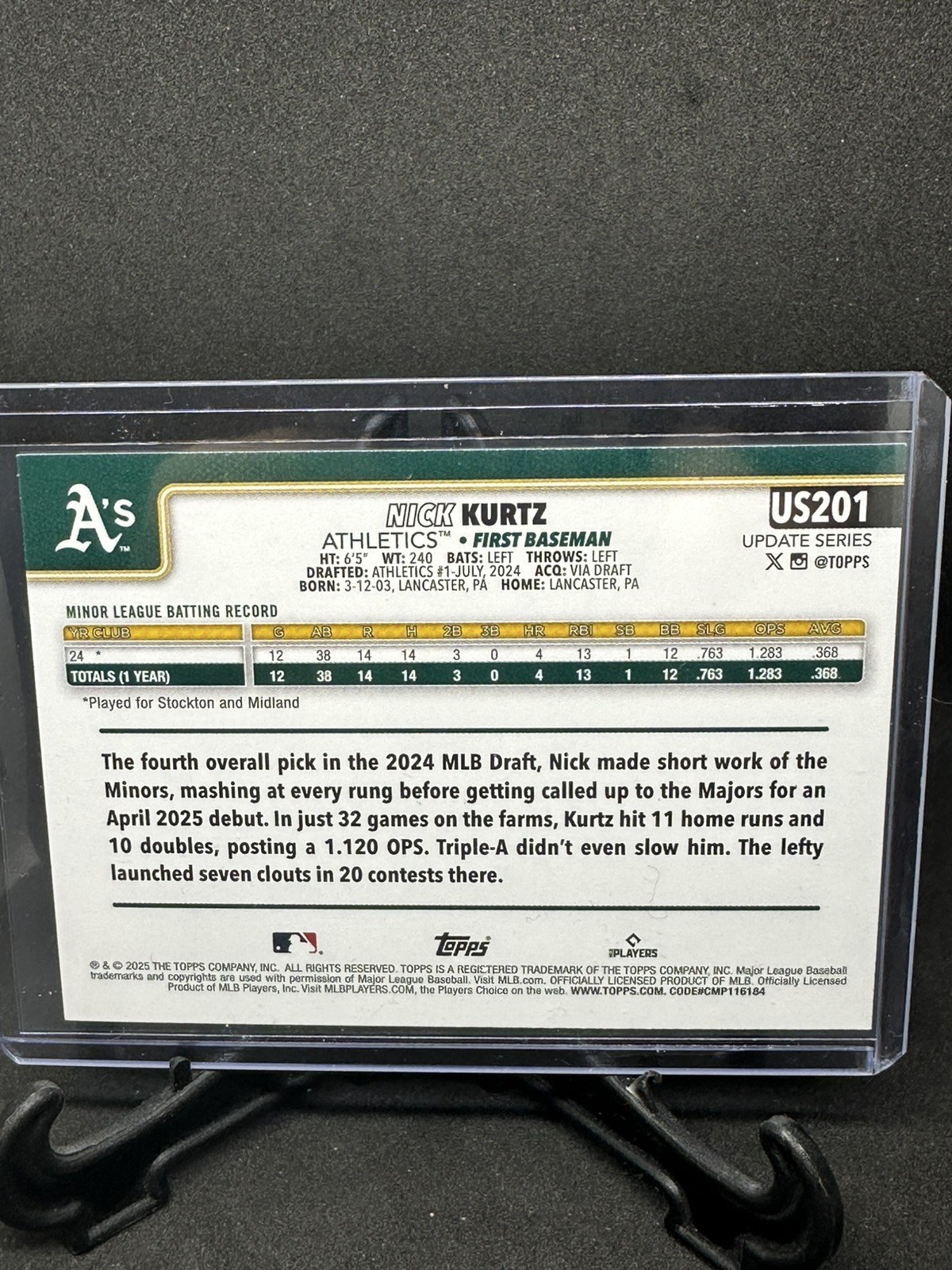 2025 Topps Update #US201 Nick Kurtz Aqua Rainbow Foil Rookie Athletics