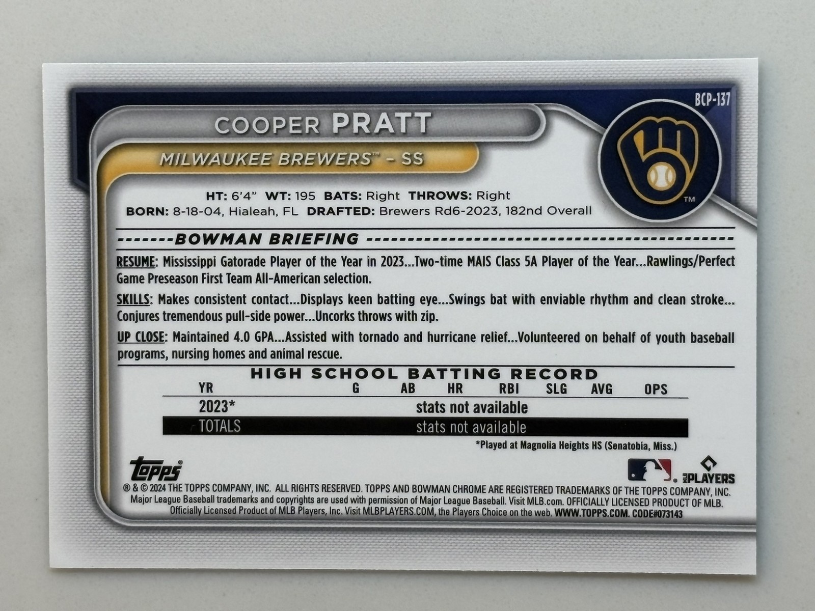 2024 Bowman Cooper Pratt Chrome Speckle /299 #BCP-137 1st Milwaukee Brewers
