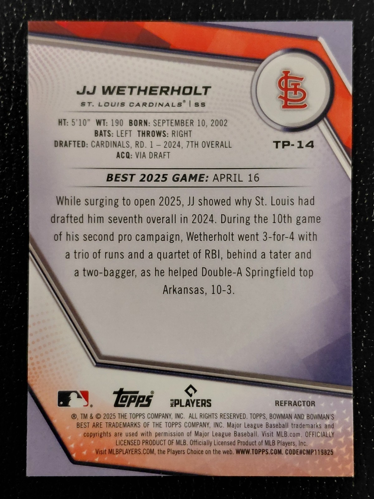 2025 Bowman’s Best Top Prospects JJ Wetherholt Refractor #TP-14