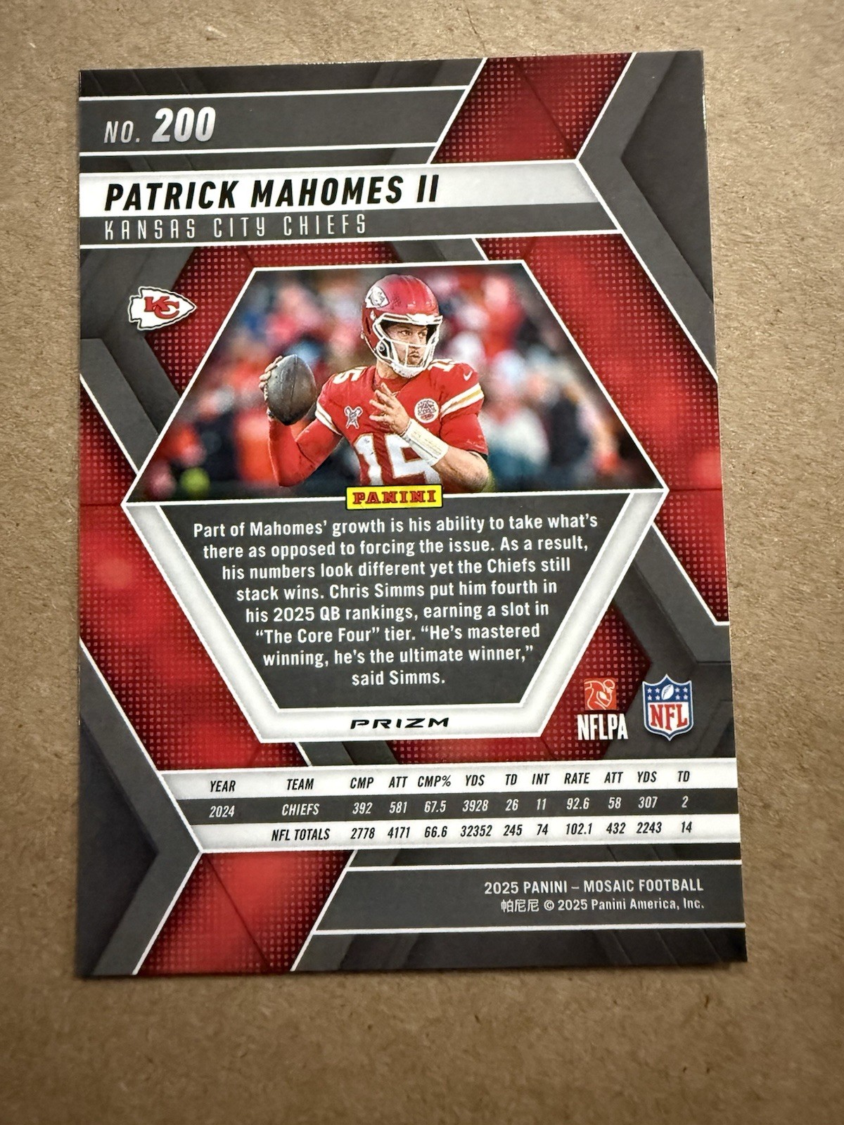 2025 Panini Mosaic – Patrick Mahomes II #200 Blue Scope Prizm Chiefs