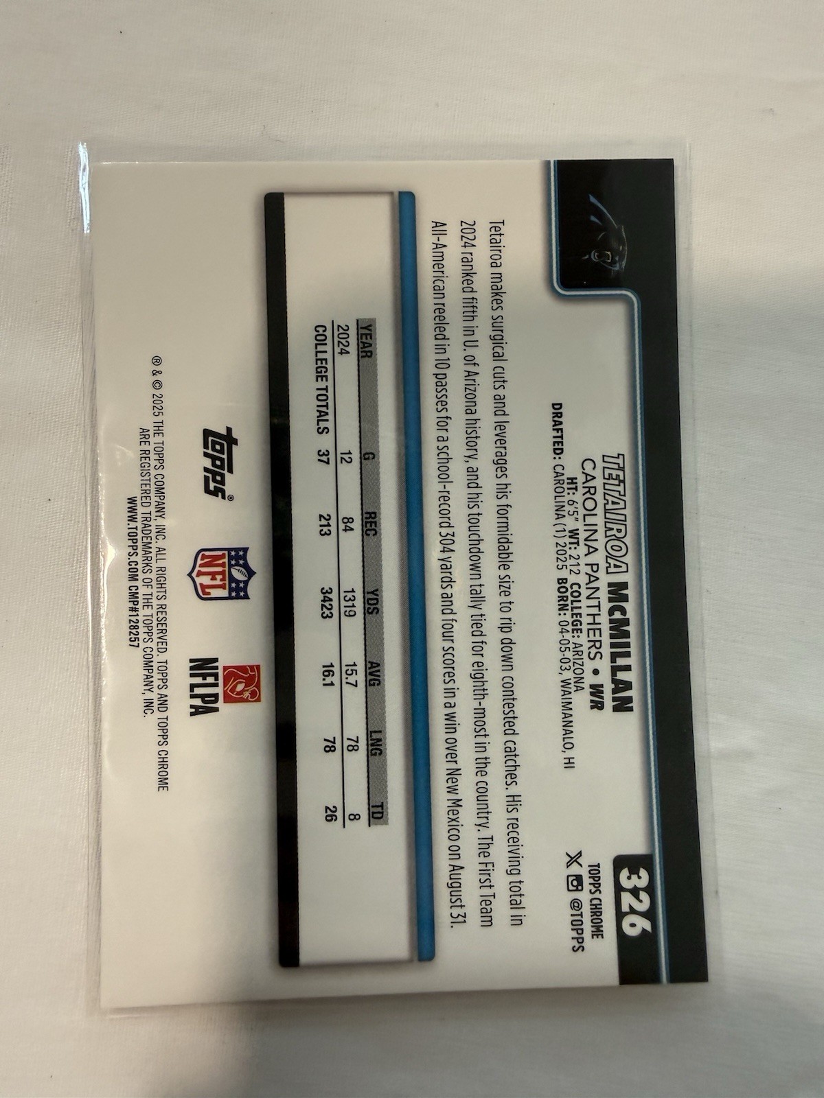 2025 Topps Chrome Tetairoa McMillan Football Leather Refractor #326 RC Panthers