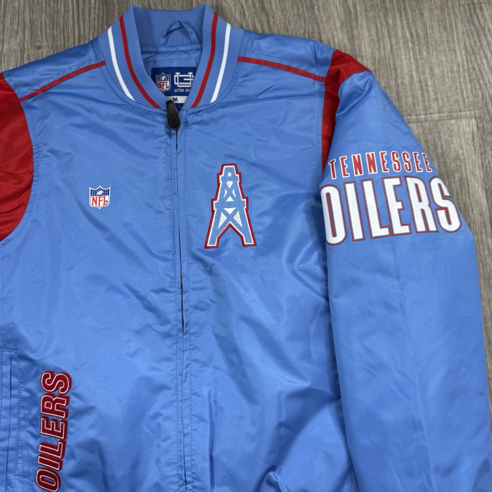 NFL Ultra Game Tennessee Titans Houston Oilers Satin Bomber Jacket Men Med