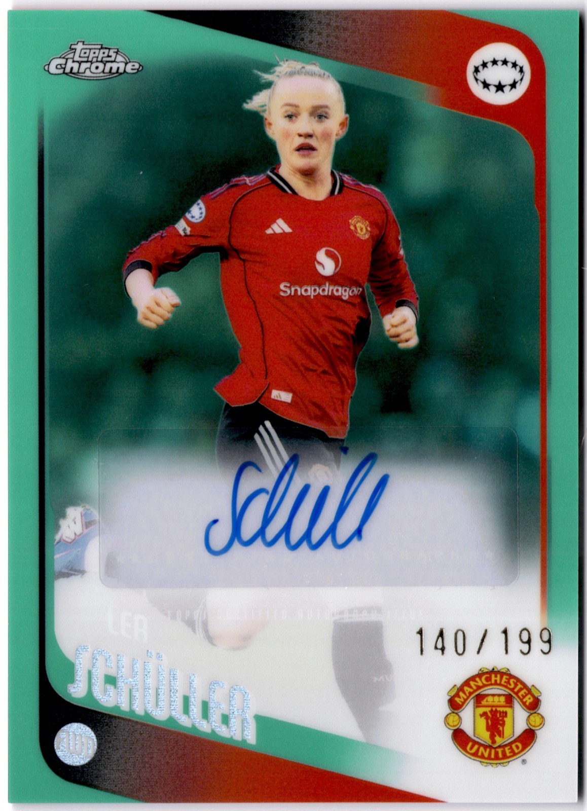 Lea Schuller 2025-26 Topps Chrome Women’s Aqua Refractor Auto #140/199 Man U