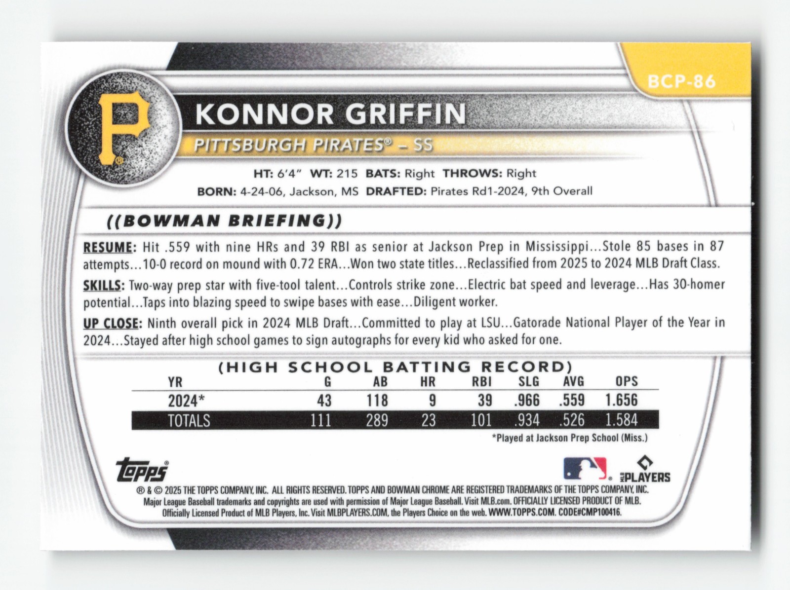 2025 Bowman #BCP-86 Konnor Griffin Chrome Prospects Reptilian Refractor