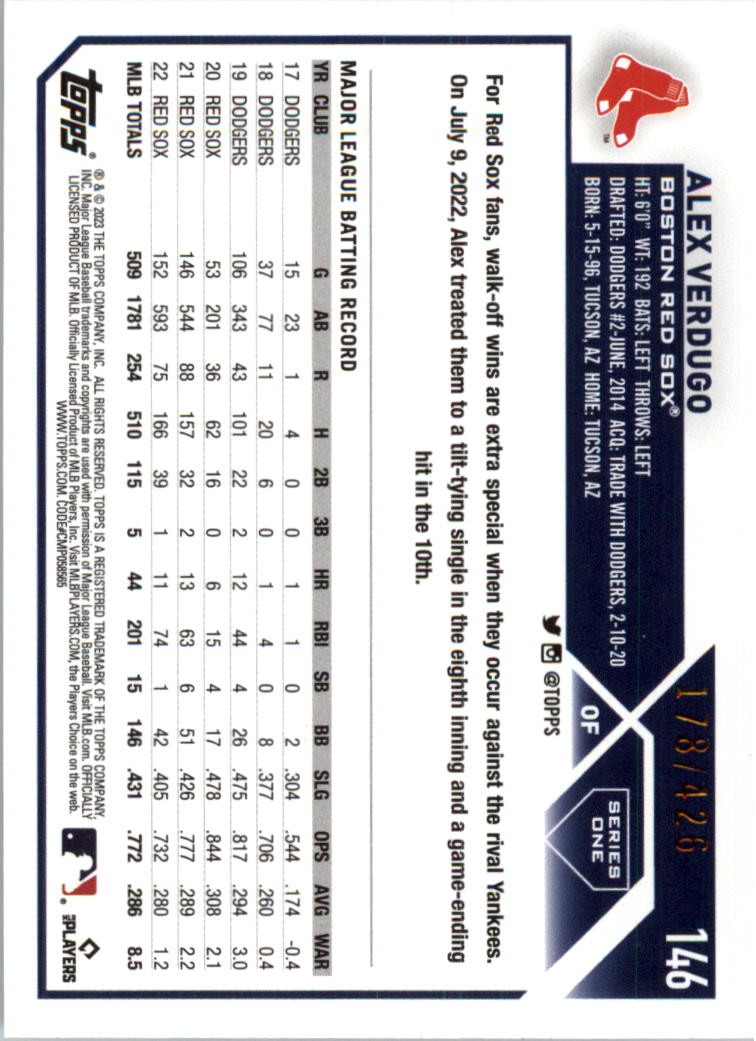 2023 Topps Factory Silver Foil #146 Alex Verdugo /426 – BB