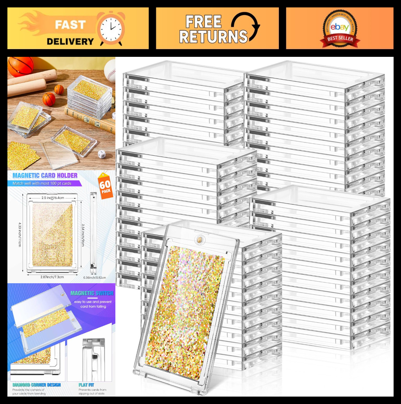 60 Pcs Magnetic Card Holders – Clear Protectors for Thick Sports Cards, Collecti