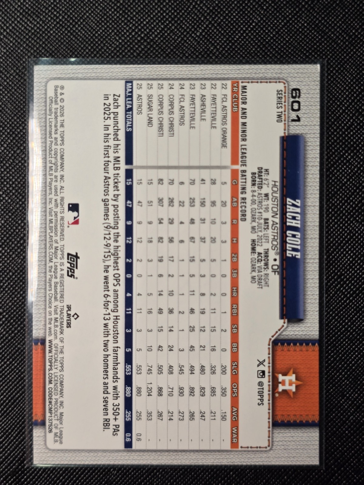 2026 Topps Series 2 Orange “SUN” Holo Foil Parallel #601 Zach Cole, Houston RC