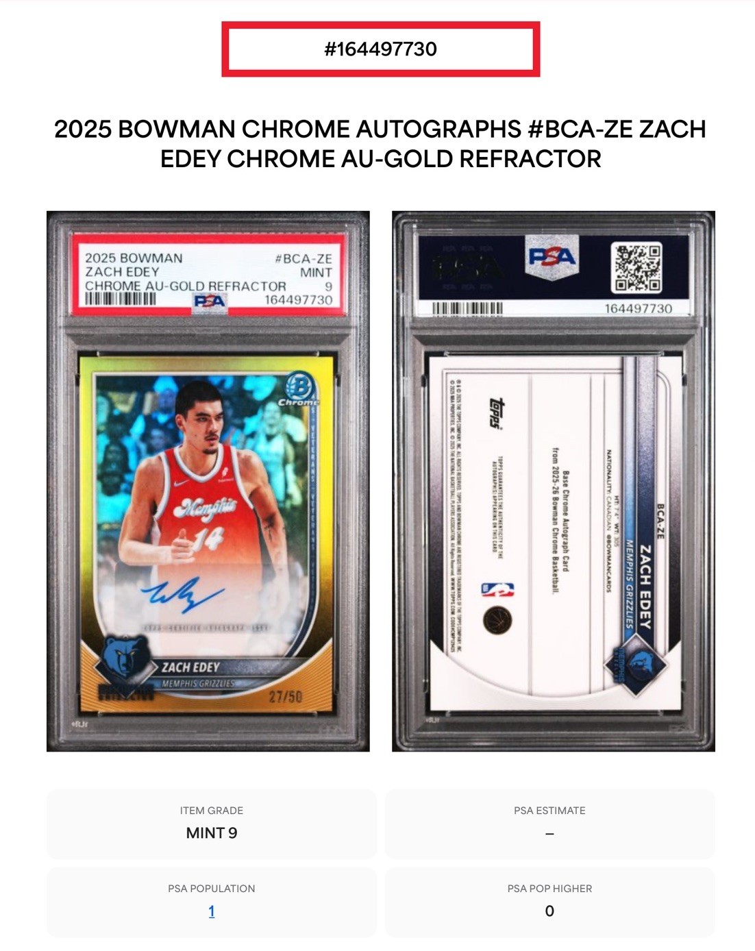 🔥2025 Bowman Chrome #BCA-ZE Autograph Gold Refractor 27/50 Zach Edey Psa9