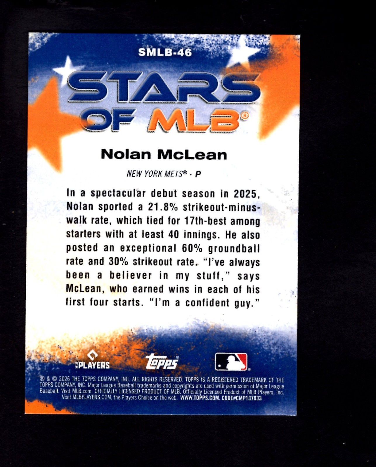 2026 Topps Series 2 Stars of MLB Insert #SMLB46 – Nolan McLean RC Mets