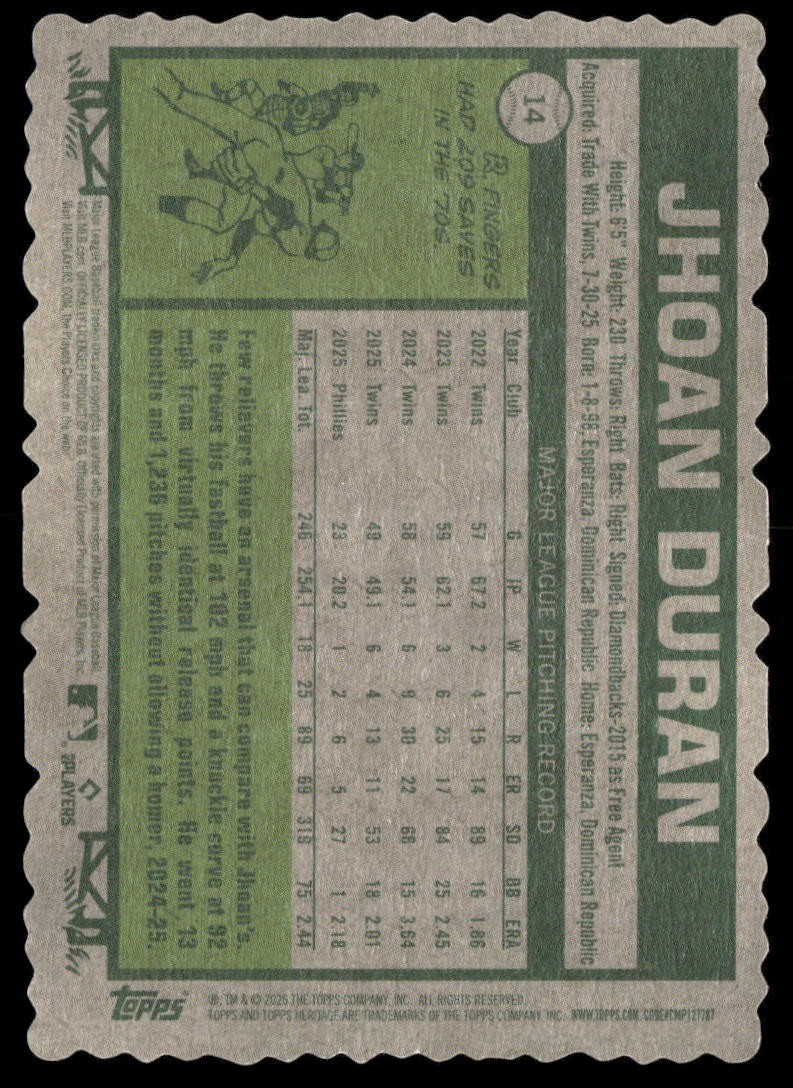 2026 Topps Heritage – Jhoan Duran #14 Deckle Edge SP Variation – Phillies