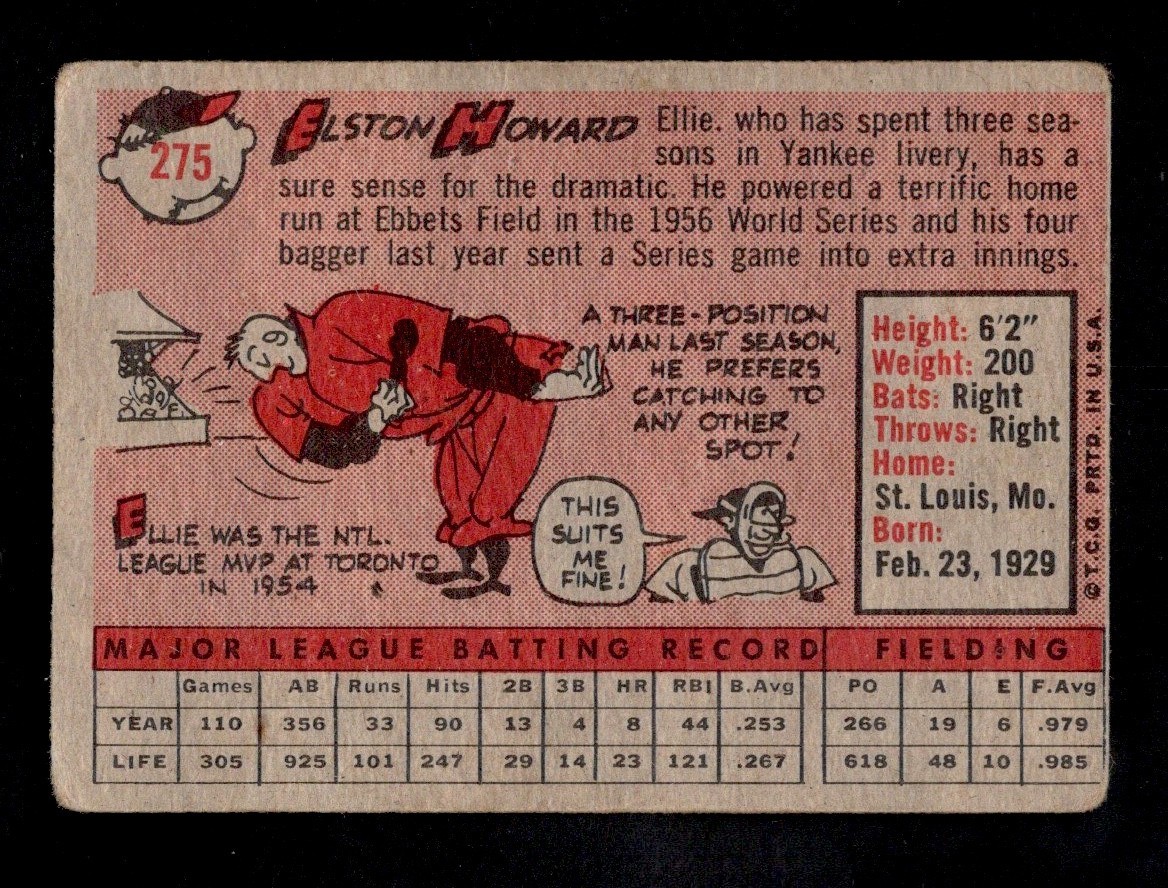 1958 Topps Baseball Card #275 Elston Howard New York Yankees GD-VG