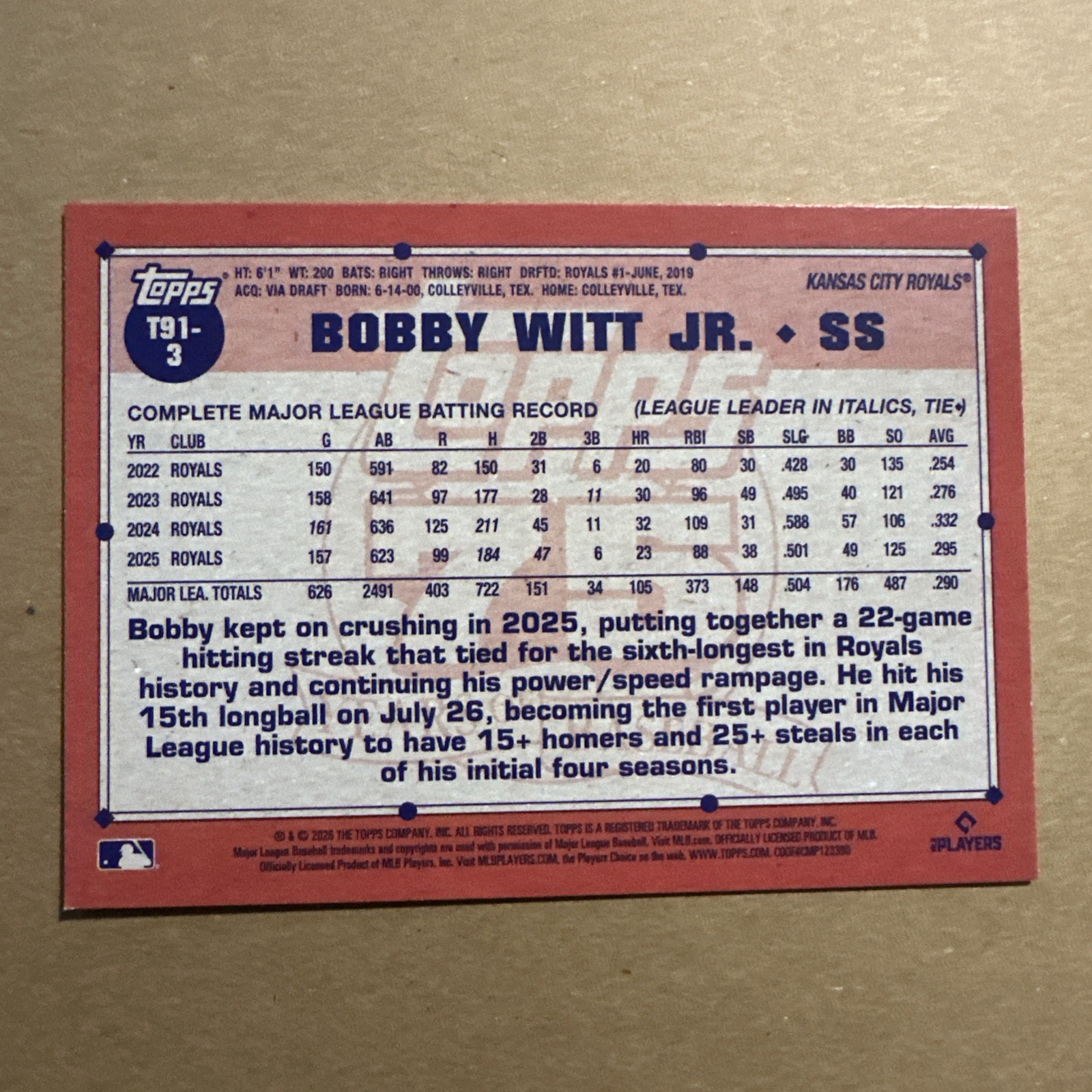 2026 Topps Series 1 – Bobby Witt Jr. 1991 Design Royals #T91-3