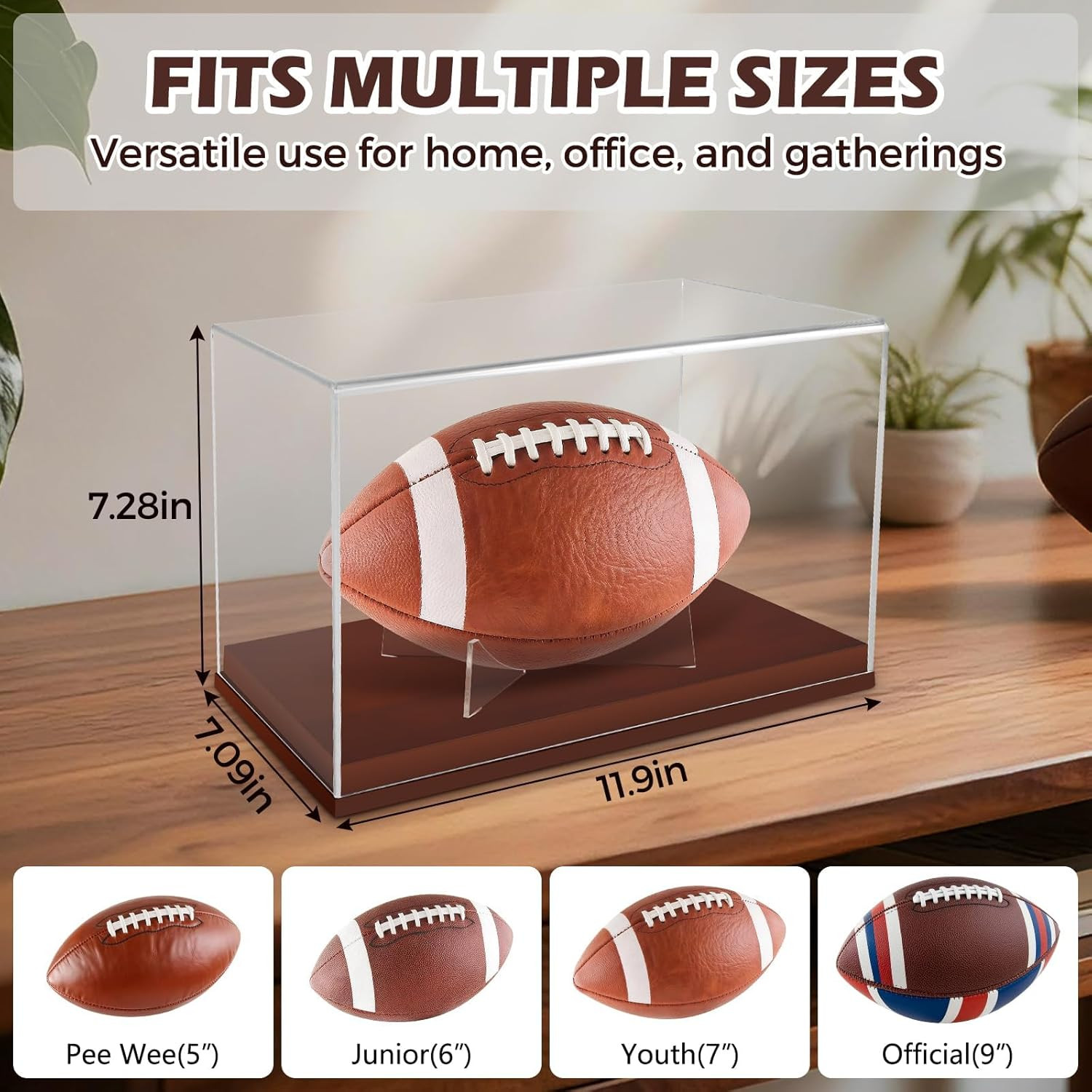 Football Display Case, Acrylic Football Display Box with Wooden Base, UV Protect