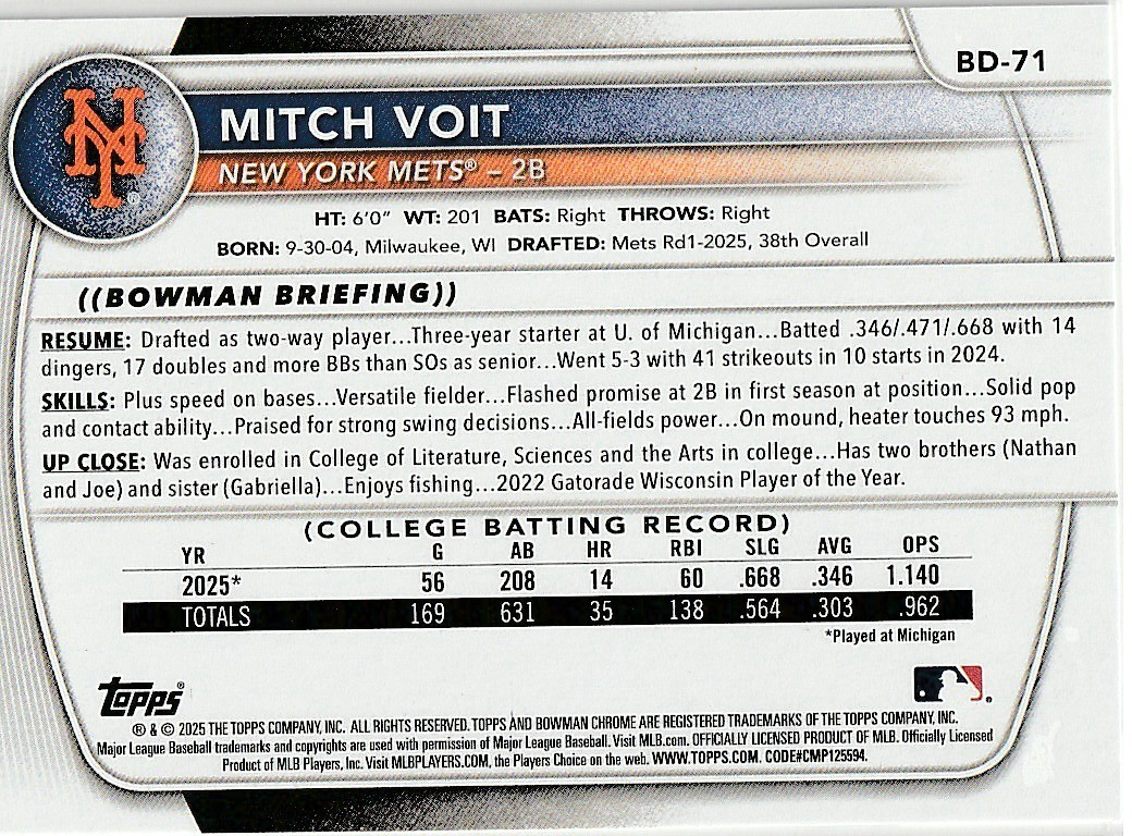 Mitch Voit New York Mets 2025 Bowman Draft 1st Bowman ***