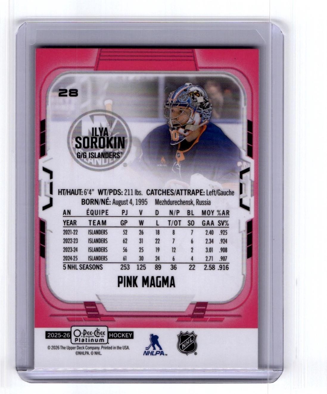 2025-26 O-Pee-Chee Platinum #28 Ilya Sorokin Pink Magma