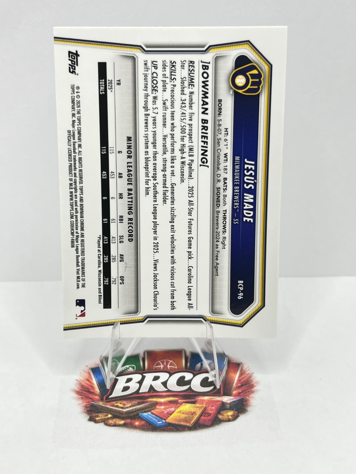 2026 Bowman Chrome Prospects #BCP-96 Jesus Made Mojo Refractor Milwaukee Brewers