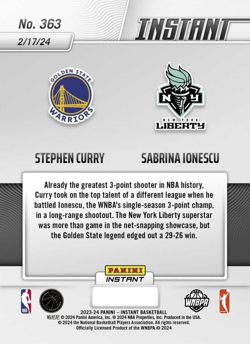 2023-24 Panini Instant 363 Stephen Curry Sabrina Ionescu All-Star 3 Pt. PR 1188