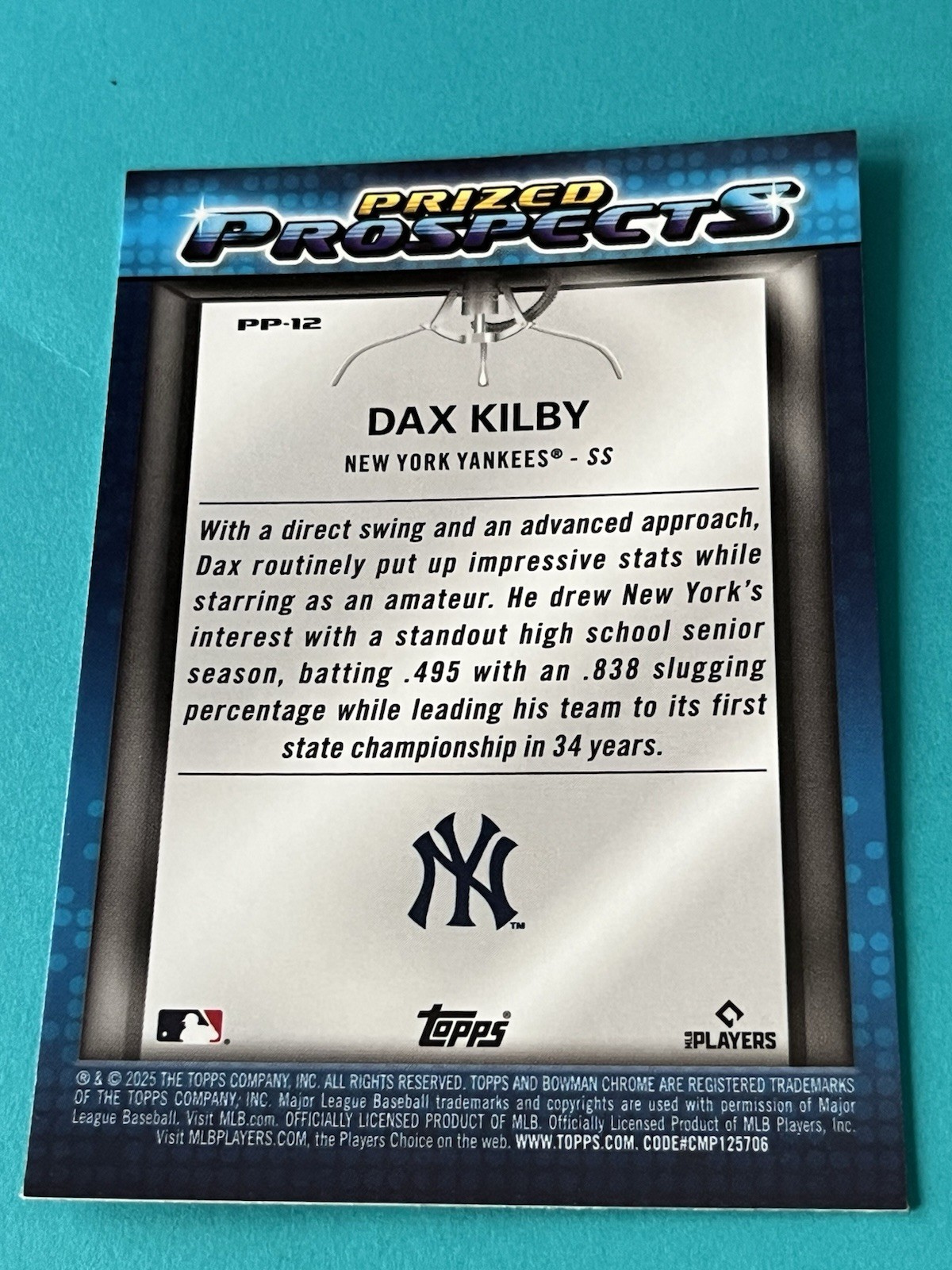 2025 Bowman Draft DAX KILBY #PP-12 Prized Prospects Chrome Insert Yankees Qty Av