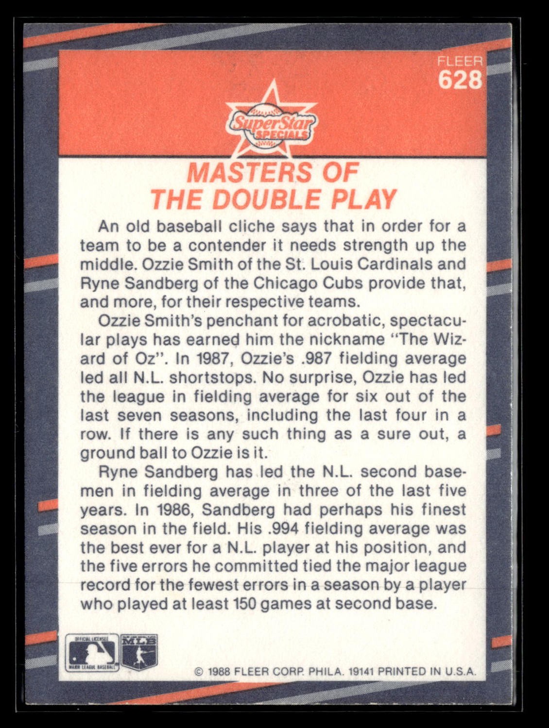 1988 Fleer #628 Masters of the Double Play – Ozzie Smith / Ryne Sandberg