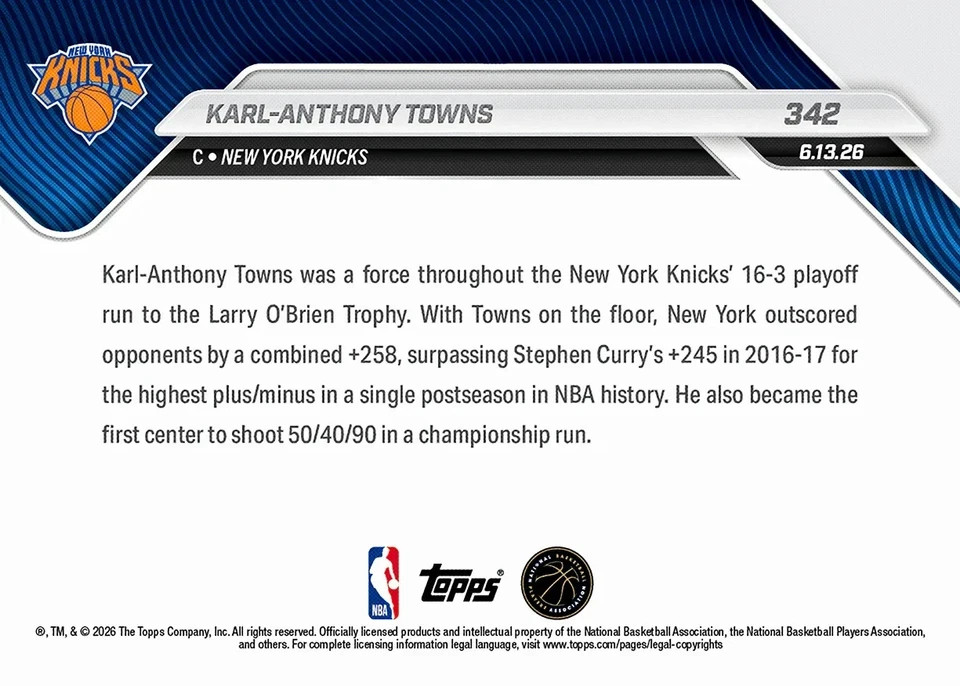 KARL-ANTHONY TOWNS 2025-26 NBA Topps NOW #342 Finals New York Knicks PRESALE