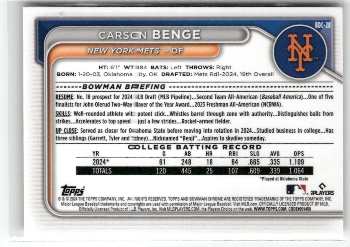 2024 Bowman Draft Carson Benge Chrome Base **READ**