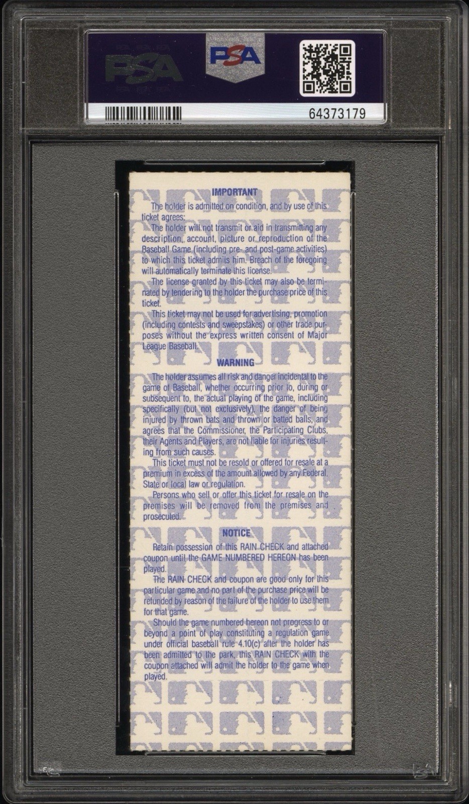 1986 WORLD SERIES GAME 6 “BALL ROLLS THRU BUCKNER’S LEGS” TICKET BOSTON/METS PSA