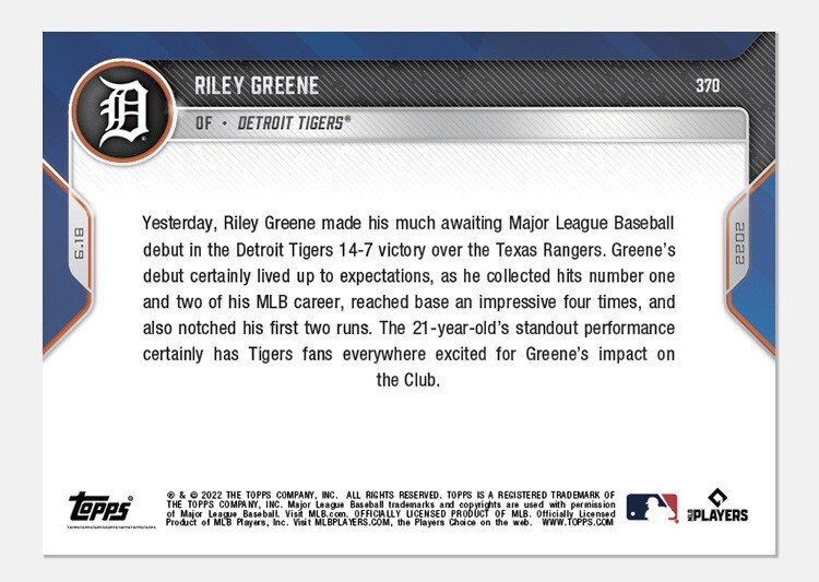 Riley Greene 2022 Topps Now Call Up #369 Rookie RC 1st Pro MLB Card Detroit