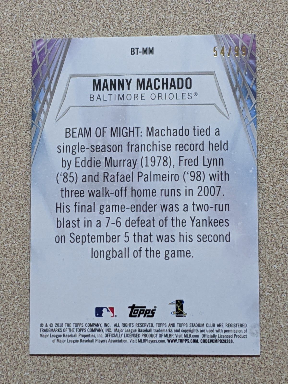 2018 Stadium Club Manny Machado Beam Team 54/99 Black Foil #BT-MM Orioles Padres