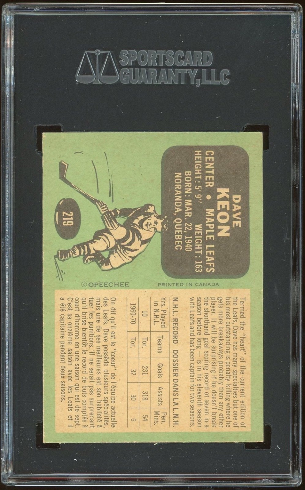 Dave Keon Signed 1970-71 OPC Card #219 Toronto Maple Leafs SGC Slab #AU144754