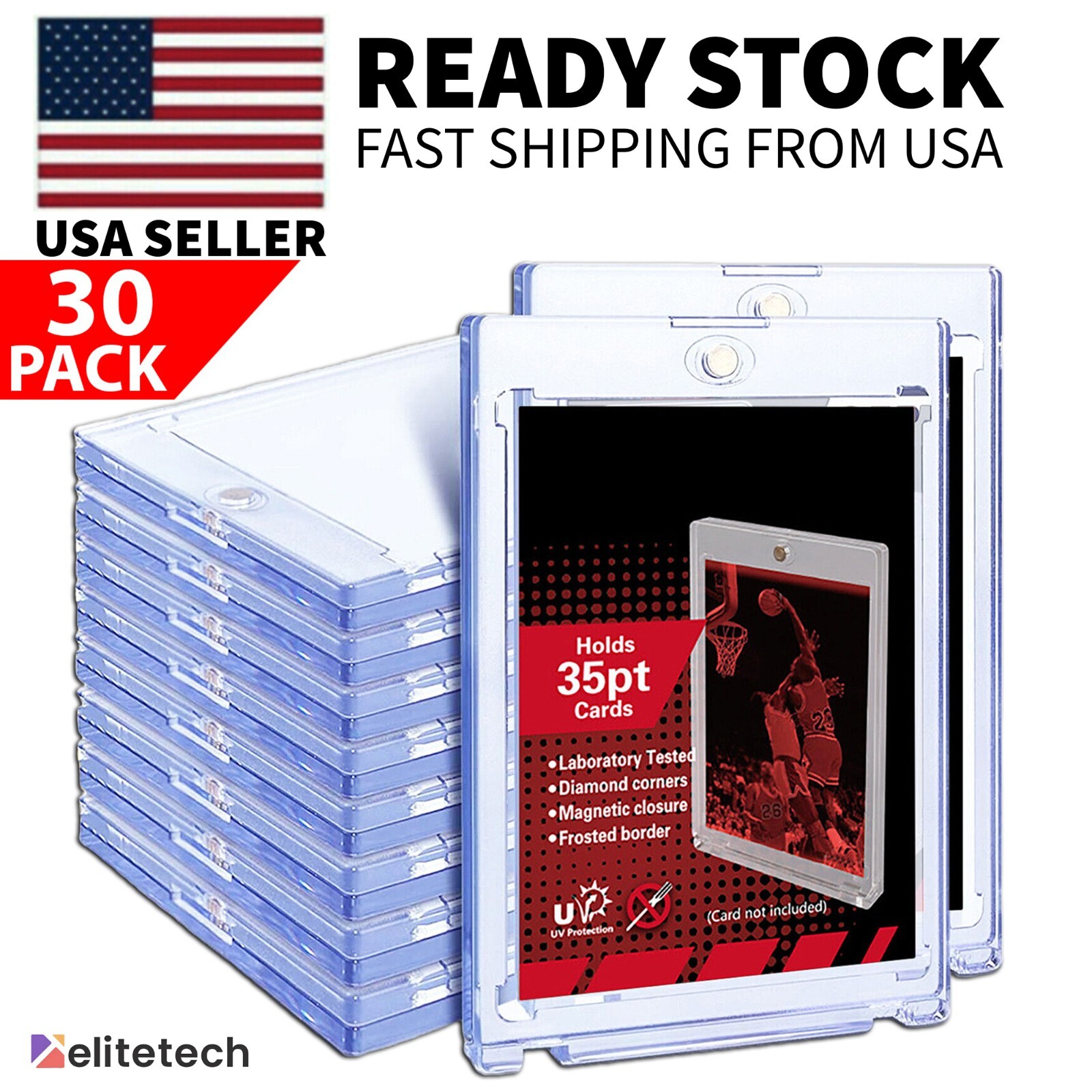 30 Pack Magnetic Trading Sports Card Holders 35pt One-Touch Hard UV Protection