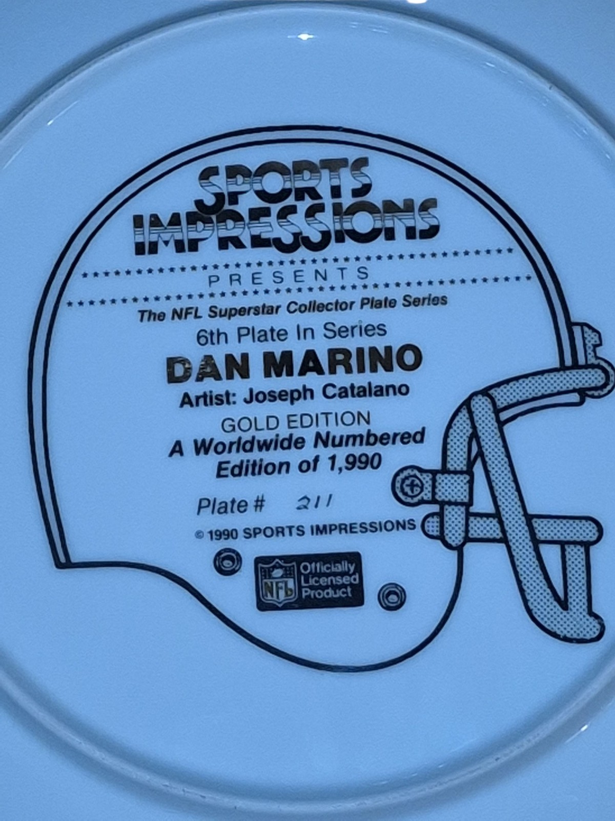 Dan Marino 1990 Miami Dolphins Autographed 10.5 Inch Plate With C. O. A. #0211